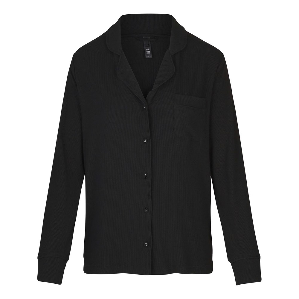 NWOT SKIMS Soft Lounge Ribbed Pajama Top Large Black Long Sleeve Button Down